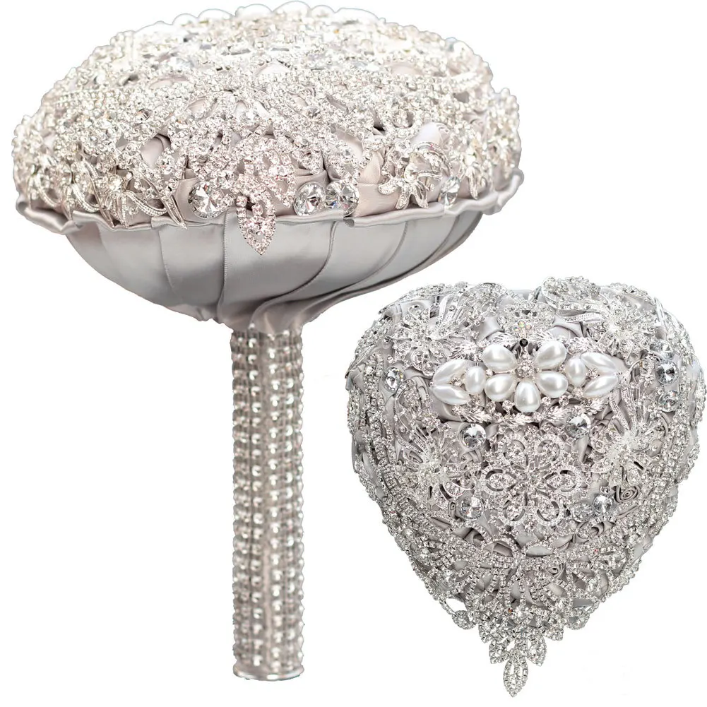 Silk Wedding Flowers Rhinestone Jewelry Sliver Brooch Bouquet Gold Broach Bridal Wedding Dress Bouquet