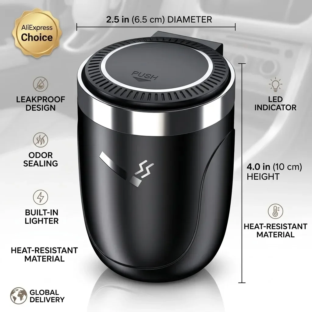 LED 휴대용 차량용 재떨이 (컵홀더 포함, 자동 조명 표시등, 검정, 파랑, 빨강 색상)