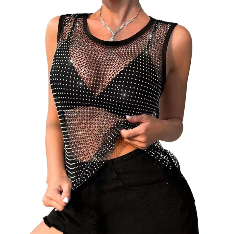 Frauen Tanks Tops Feminine Sexy Kristall Strass Ausgehöhlt Fishnet Abdeckung Ups Party Clubwear Crop Tube Top Für Frauen Runway – Detail 1