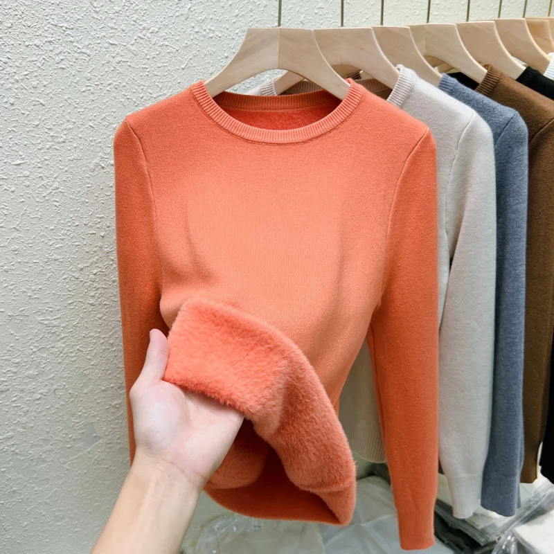 Autumn and Winter Women's O Neck Slim-fitting Long-sleeved Sweater Solid Color Elegant Fashion Knitwear Integrated Fleece Top