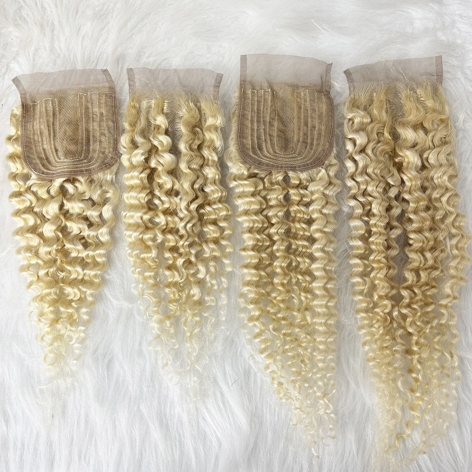 3/4 Bundles with Lace Closure 613# Blonde Jerry Curly Human Hair Bunldes with T Part Lace Closure Human Hair Weave Extension 4
