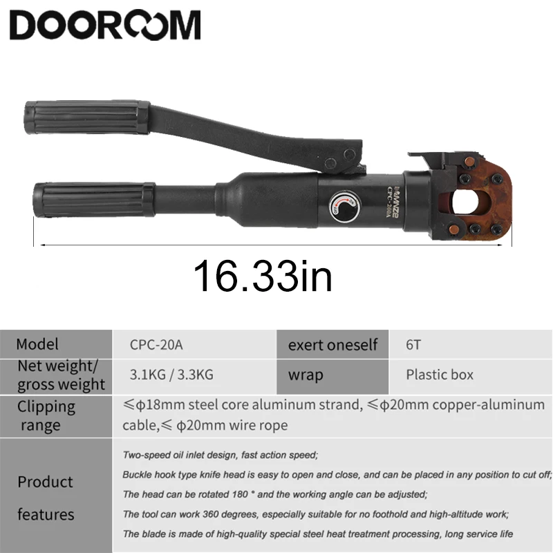 DOOROOM Manual Portable Hydraulic Cable Cutter CPC-20A Below Φ20mm Cable Wire Rope Scissors Metal Hydraulic Wire Cutting Tool 3