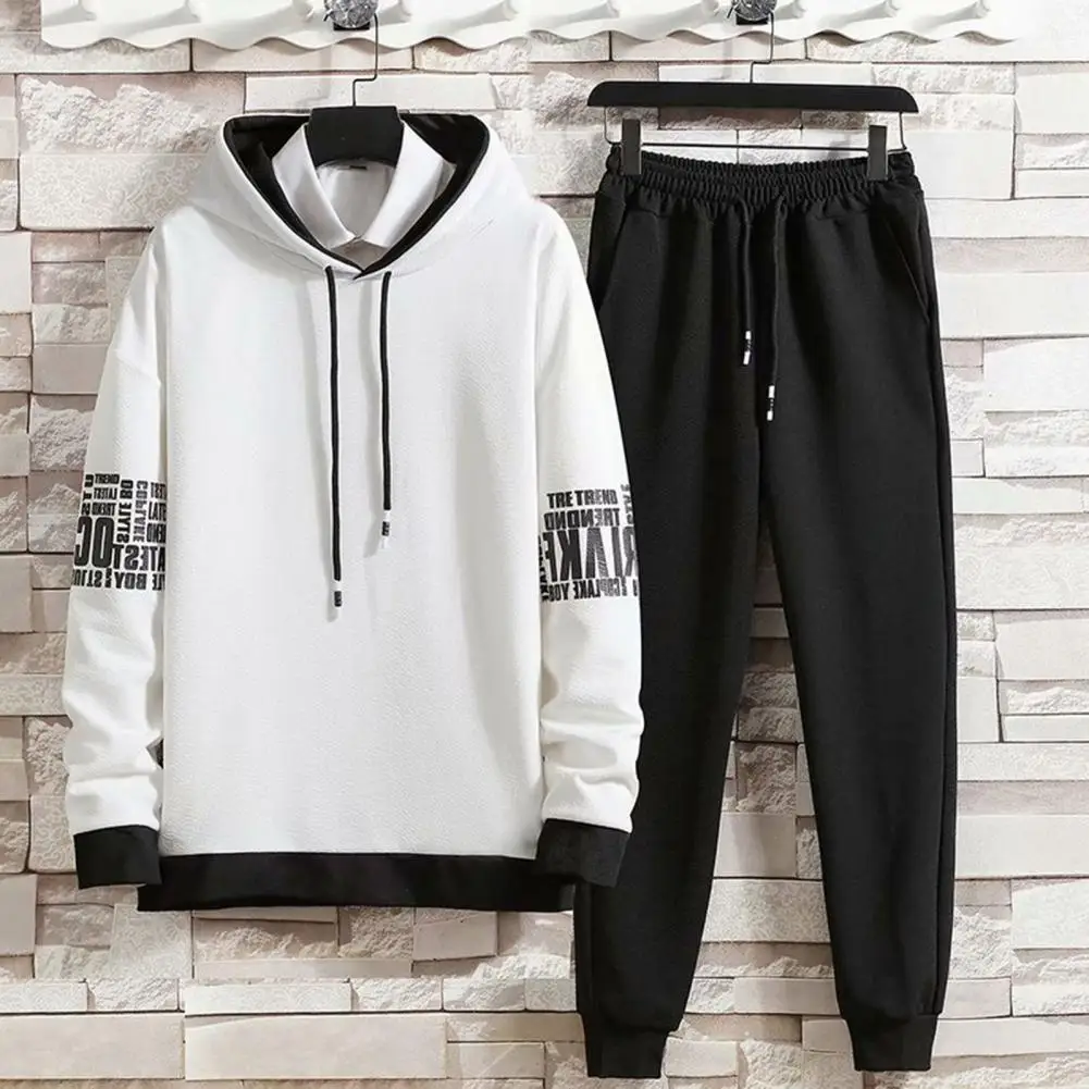 

2Pcs/Set Men Letter Color Block Sportwear Hooded Drawstring Long Sleeve Pullover Sweatshirt Elastic Waist Jogger Pants Set