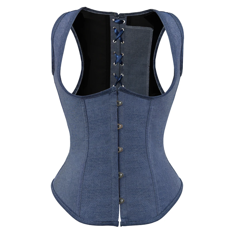 

Sexy Gothic Underbust Corset Women Lace up Boned Korsage Denim Vest Top Steampunk Strap Cowboy Bustier Night Party Clubwear S-6X