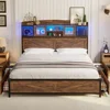 LED Queen Size Bed Frame with Tall Storage Headboard & 4 Drawers, Platform Metal Bed Frame with Sliding Acrylic Door 2