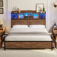 LED Queen Size Bed Frame with Tall Storage Headboard & 4 Drawers, Platform Metal Bed Frame with Sliding Acrylic Door 2