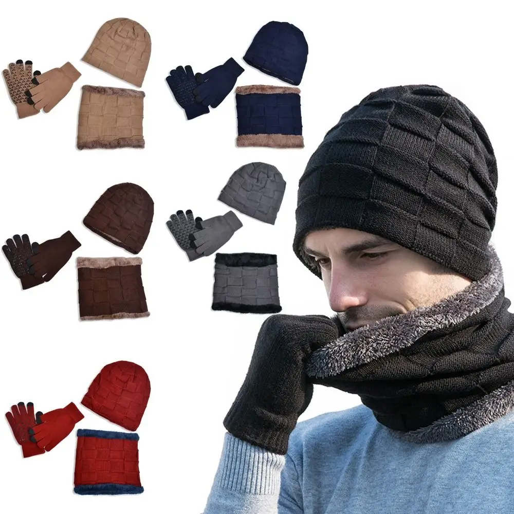

Warm Fleece Beanies Scarf Gloves Set Wool Knitted Windproof Cap Scarf Set Touch Screen Gloves Thermal Skullies Beanies Outdoor