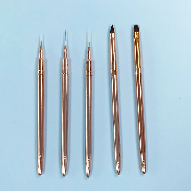3D Acrylic Nail Art Brush Luxury Full Rose Gold Metal Handle Striping Detailer Pen UV Gel Nail Brushes Tool 3