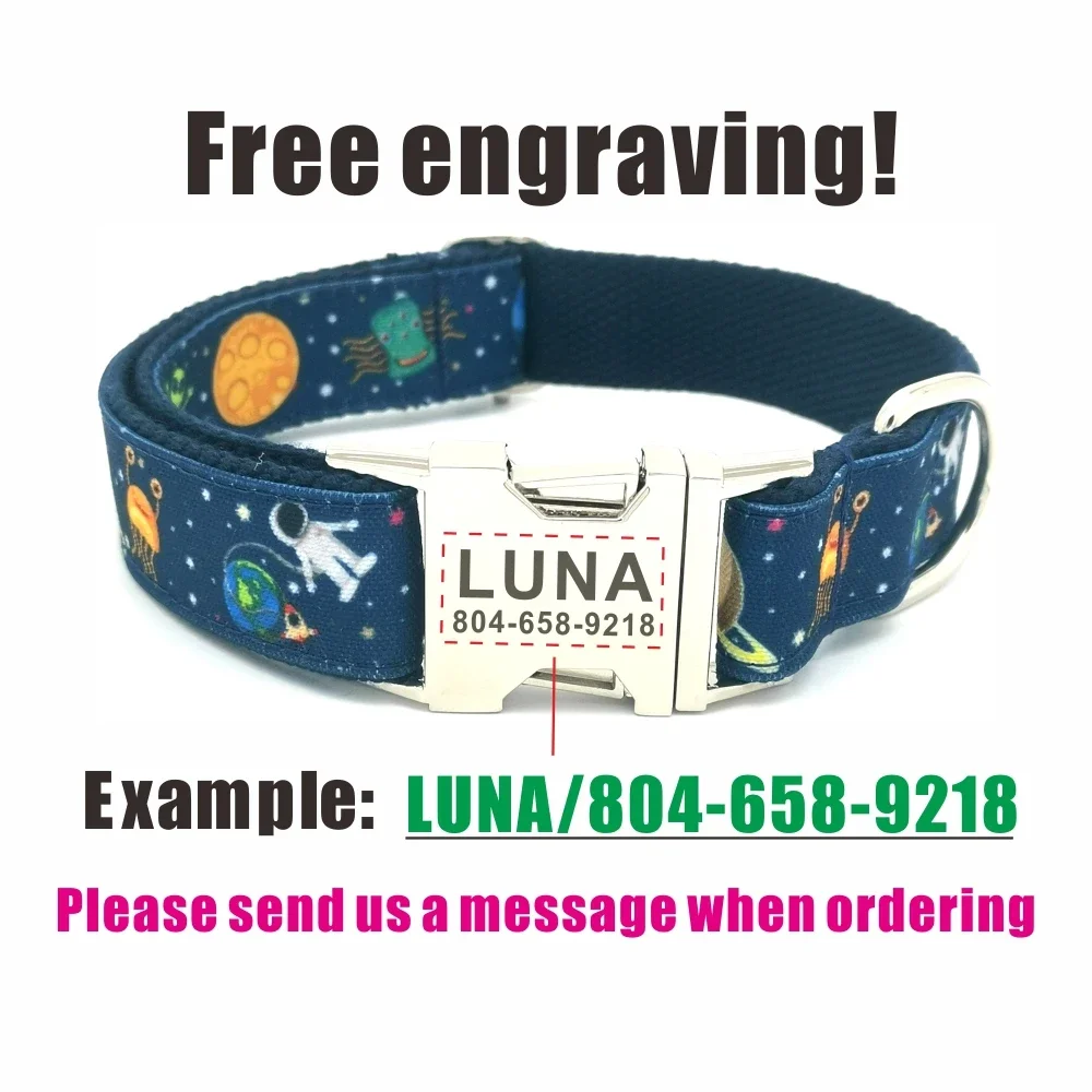 Personalized Pet Collar Space Rocket Durable Puppy Name ID Tag Adjustable Monster Alien Basic Dog Collars Leash dog collar