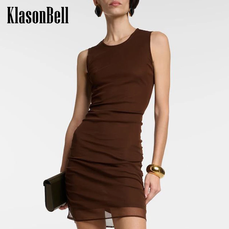 

5.17 KlasonBell Temperament Ruched High Stretch Slim Mesh Dress For Women Solid Color O-Neck Elegant Sexy Package Hip Dress