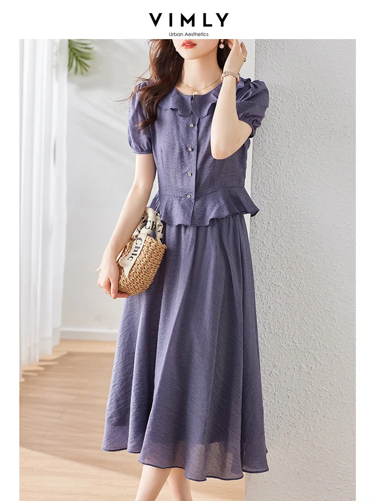 Vimly Navy Plaid Lyocell Summer Outfits Two Piece Skirt Sets for Women 2023 Ruffle Hem Short Sleeve Blouse Swing Midi Skirts