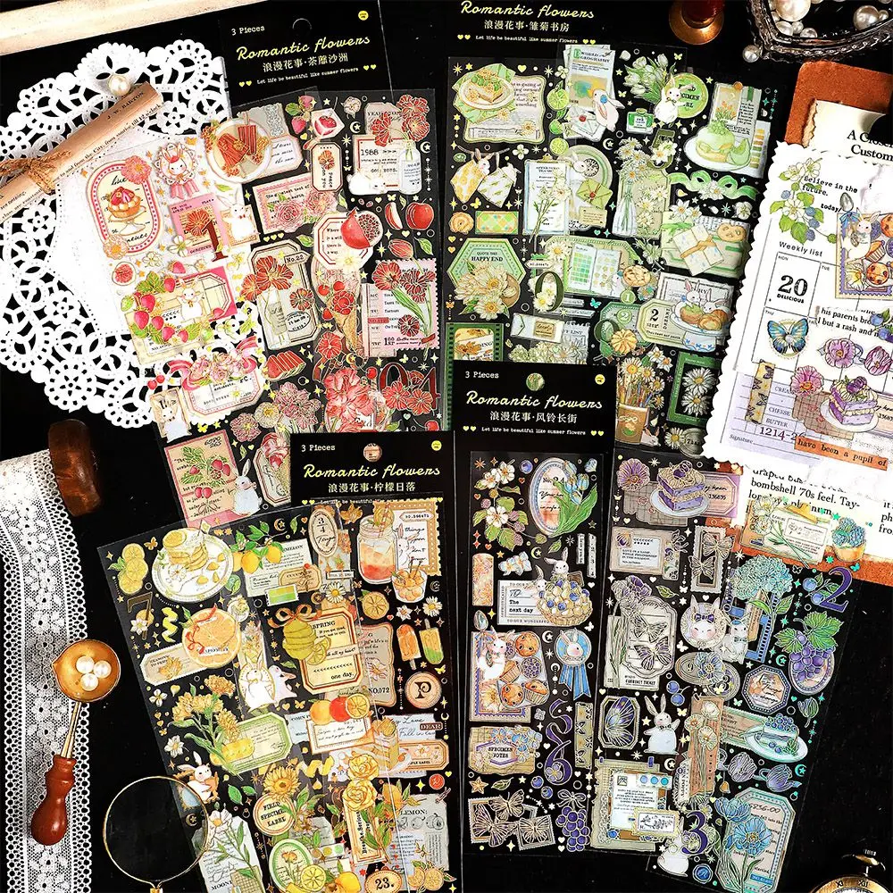 Journamm 3pcs/pack PET Floral Stickers Gold Foil Craft DIY CUT Collage Junk Journal Scrapbook Supplies Decor Materials Stickers journamm 20pcs pack vintage pet deco sticker book scrapbooking supplies collage junk journal diy diary waterproof craft stickers