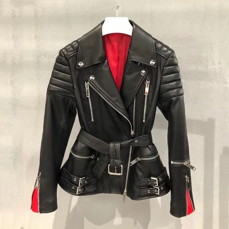 

Women coat spring and autumn short length genuine leather jacket with red inner complicated process ruched decoration yh564