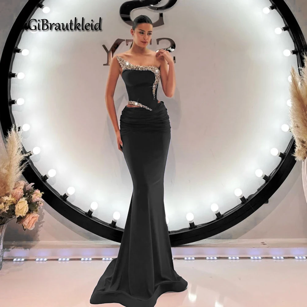 GiGiBraut Women Satin Occasion Dresses Mermaid Pleated Crystals One Shoulder Prom Gowns Robes De Soiree Customized cocktail dress evening dresses