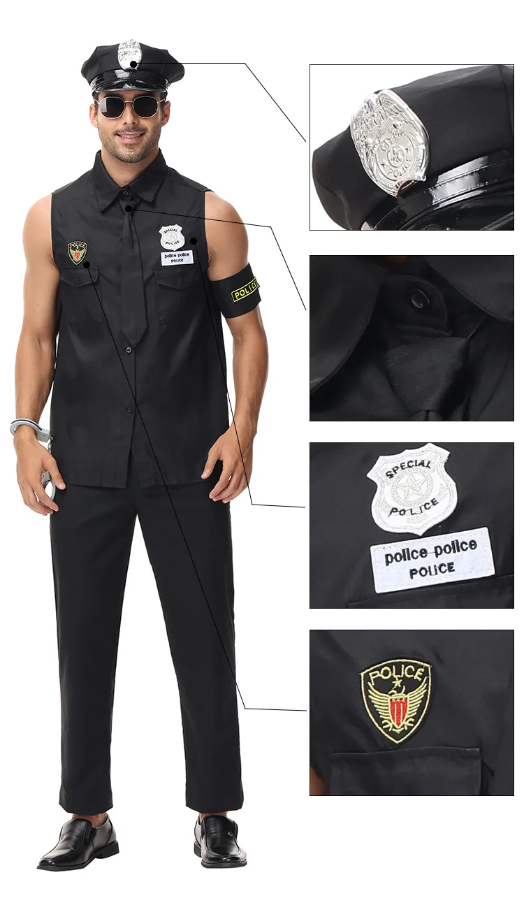 Police Costume for Men's Cop America Officer Costume Adults Policeman Top with Toy Accessories Fancy Cosplay Halloween Clothing
