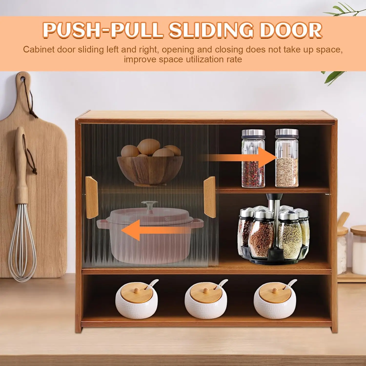 Small Bamboo Kitchen Pantry Sideboard with 2 Sliding Striped Glass Doors, Tea-Colored Freestanding Countertop Storage Cabinet