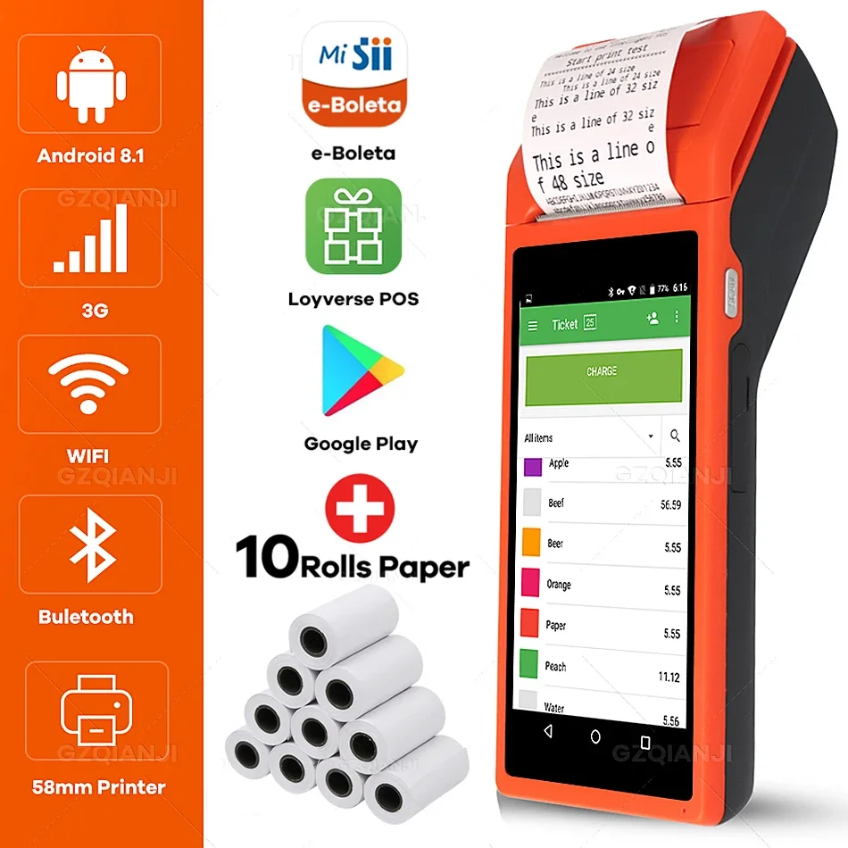

Handheld Android 8.1 PDA POS Printer 58mm Mobile Receipt Thermal Printer 5.5inch HD Support WiFi Bluetooth Sales of Point System