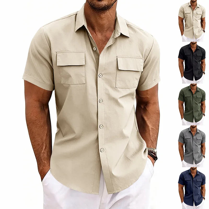Polo a maniche corte casual da uomo, estiva, traspirante, elastica, con doppia tasca, stile workwear, alla moda, per il tempo libero urbano - immagine 4
