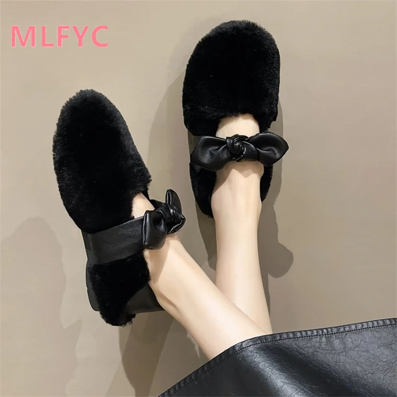 Cotton Shoes Ladies Autumn and Winter New Bow Lazy Shoes Flat Bottom and Plush Two Wear Cotton Shoes Casual Warm Women Shoes