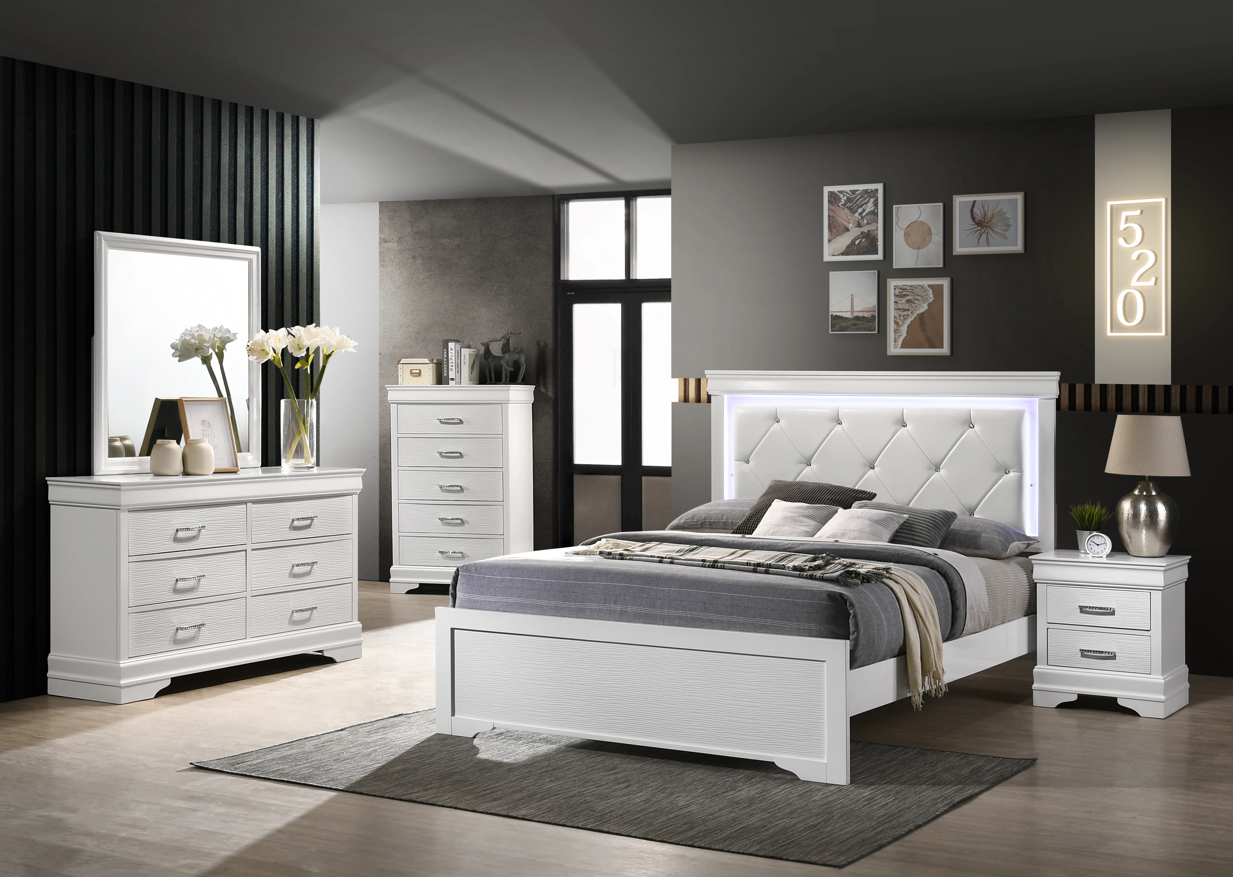 Queen 5N Pc Tufted Upholstery LED Bedroom set made with Wood in White