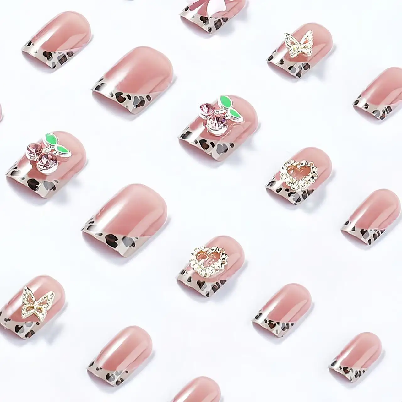 24pcs Short Square Leopard French Press On Nails y2k Nude Pink False Nails With 3D Cherry Crystal/Butterfly/Bow Charms Fake Nail, view 3