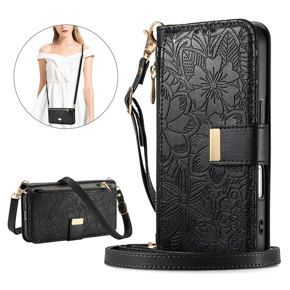 Elegant Leather Crossbody Flip Wallet Phone Case with Card Slots and Wrist Strap