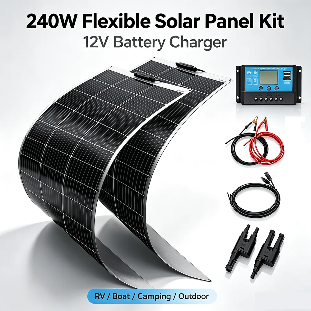 Kit de panneau solaire flexible 240W, système solaire hors réseau 12V et contrôleur de charge solaire pour camping-car, bateau, caravane, recharge de batterie en extérieur 1