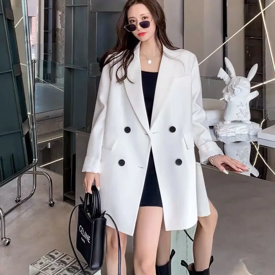 Black Suit Vintage Long Sleeve Blazer Women White Suit Spring Autumn Jacket Double-breasted Office Ladies Korean Loose Coat