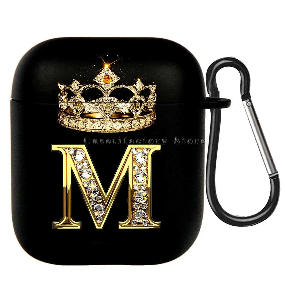 Elegant Diamond Crown Initial AirPods Case - Black Wireless Bluetooth Earphone Cover