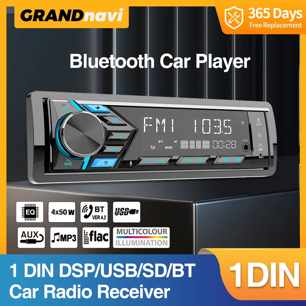 

Grandnavi 1din MP3 Car Radio Player Digital Bluetooth Music Car Player FM Radio Stereo Audio USB/SD with In Dash AUX Input