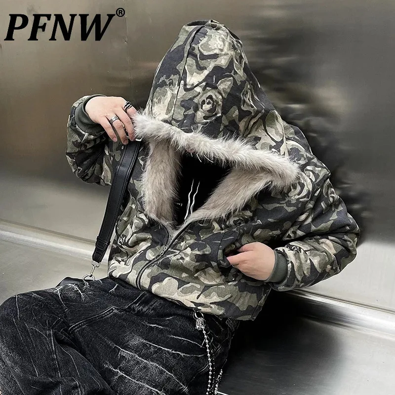 PFNW Hooded Fur Collar Splicing Winter Loose Casual Men's Short Cotton Jacket Autumn Winter New Cotton-padded Coat Tide 12C1577 cotton jacket