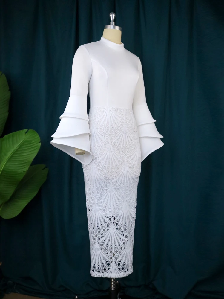 White Lace Dresses for Women High Neck Long Flare Sleeve Empire
