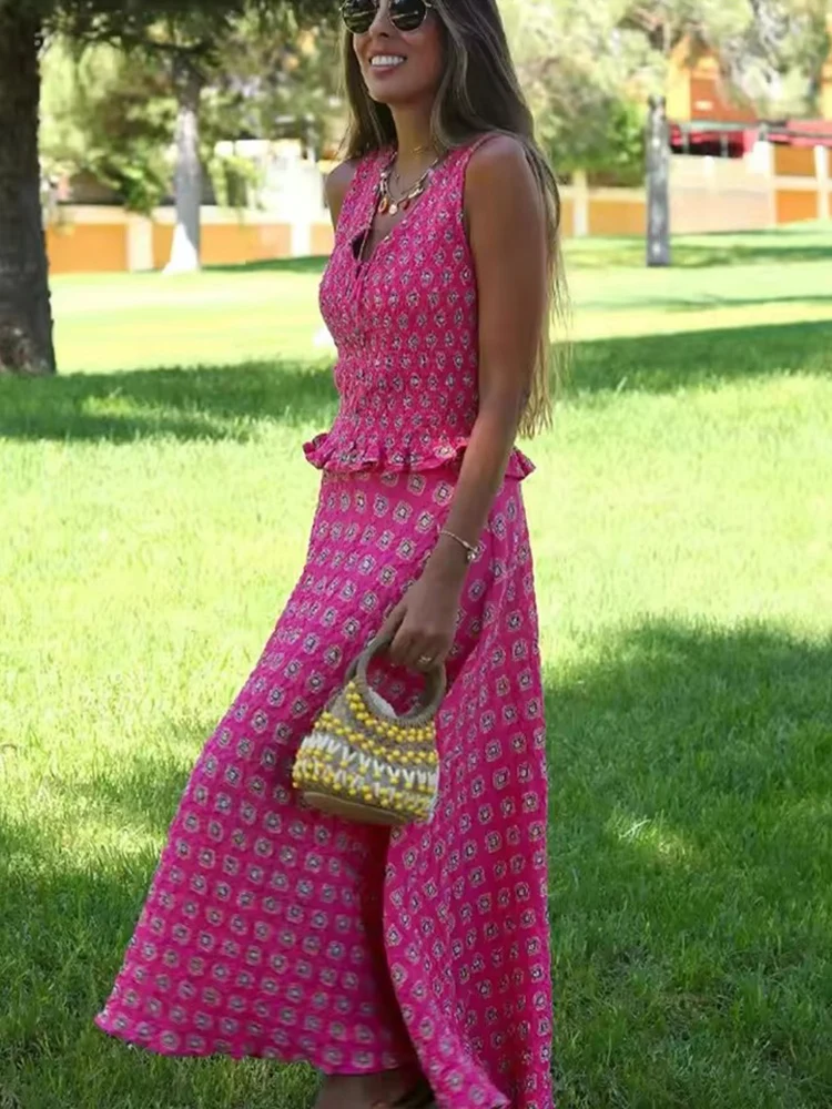 Vintage Printed High Waist Midi Skirts 2 Piece Sets For Women 2025 New V Neck Tied Short Top Holiday Summer Woman Outfits