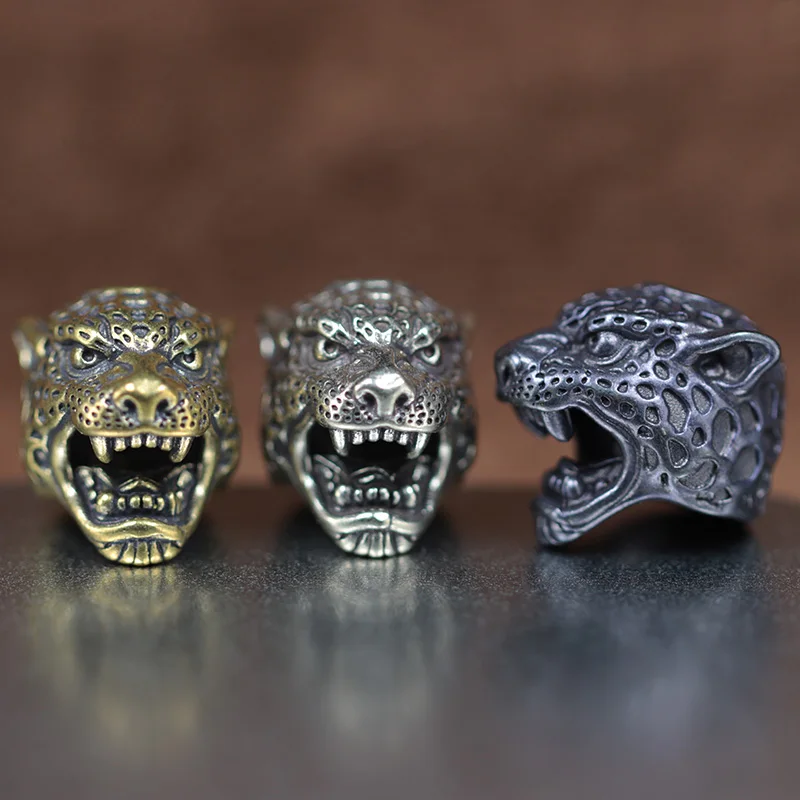 Leopard Head Sculpture Brass Knife Beads Outdoor EDC Umbrella Rope