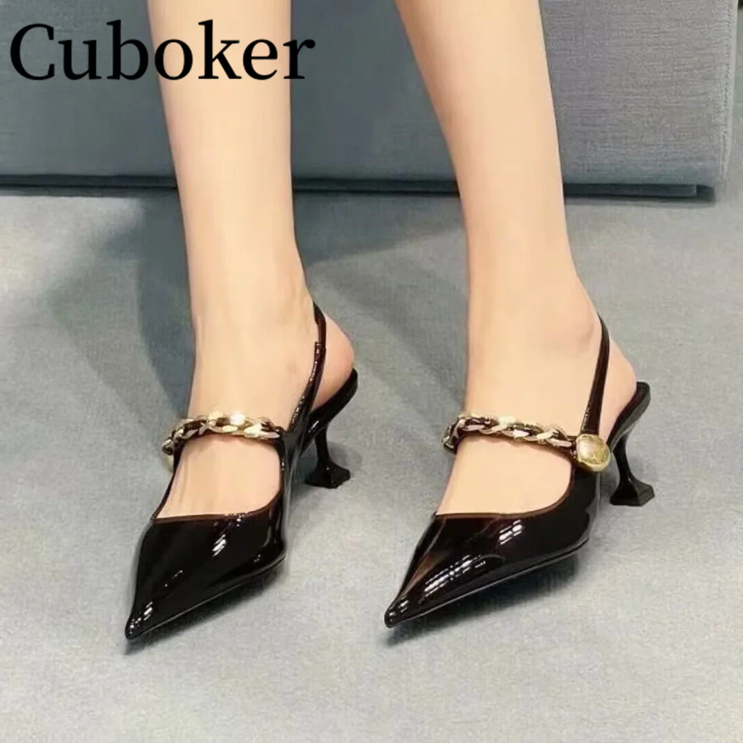 

Элегантные летние сандалии из лакированной кожи для женщин, женские туфли-лодочки с острым носком, Женская Классическая обувь на высоком каблуке