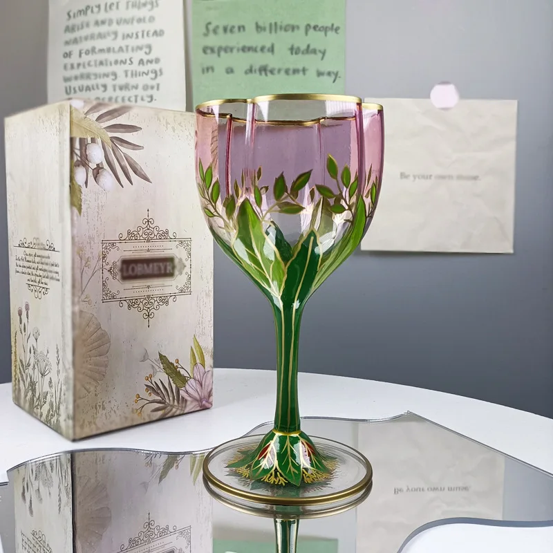 Austria Vintage Champagne Wine Glasses Crystal Glass Red Wine Cup Light Luxury Pink Hand Painted Ice Cream Bowl Flower Goblet glass drinkware
