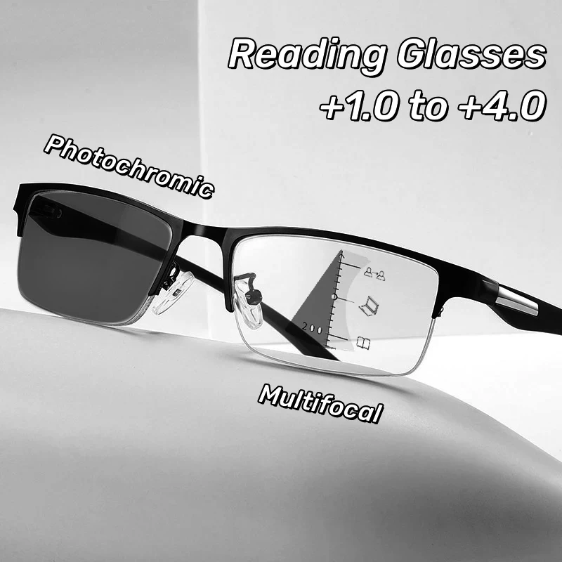 Progressive Multifokale Photochrome Lesebrille Anti-blau Licht Weit Anblick Gläser Männer Halb Rahmen Business Presbyopie Brille