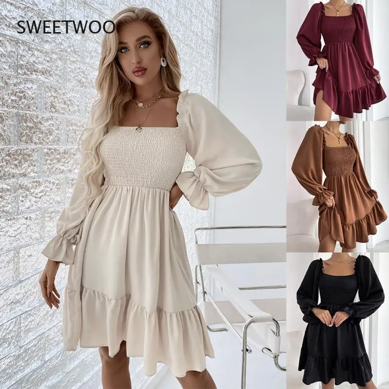 

Autumn Elastic Waist Ruffle Casual Dress Women Elegant Square Collar Drape Party Dress Backless Butterfly Sleeve Office Dresses