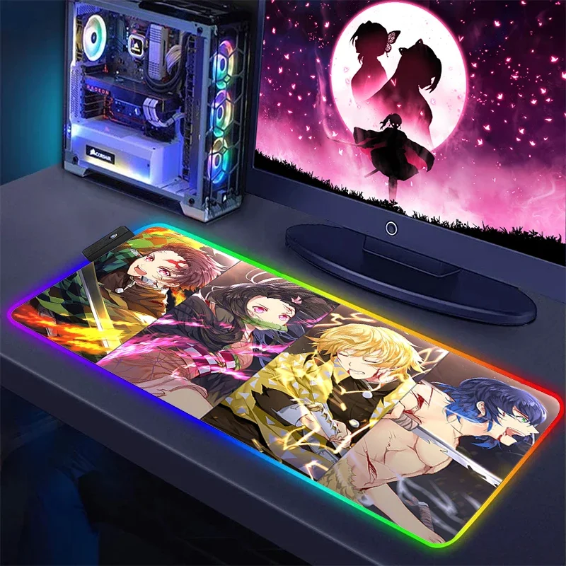 Anime Mouse Pad Kimetsu No Yaiba Mat Desk Rgb Carpet Gaming Mats Led Gamer Keyboard Backlit Cabinet Demon Slayer Pc Accessories