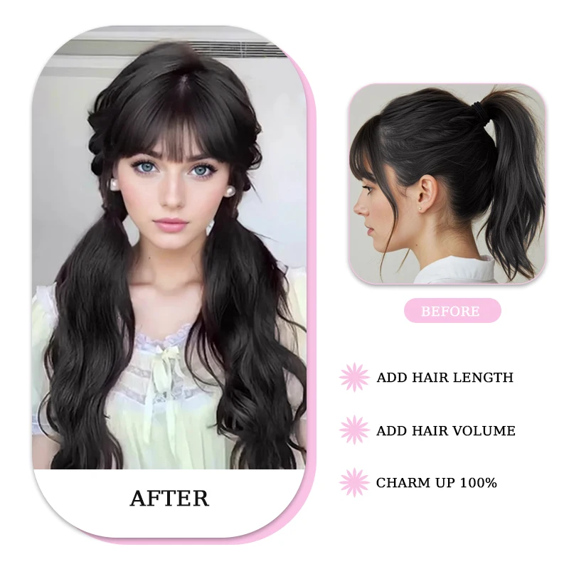 2 Pcs/set Wavy Hair Ponytail Extensions Wig Synthetic Wavy High-Layered Ponytail Hairpiece with Hair Tie for Women Daily Use