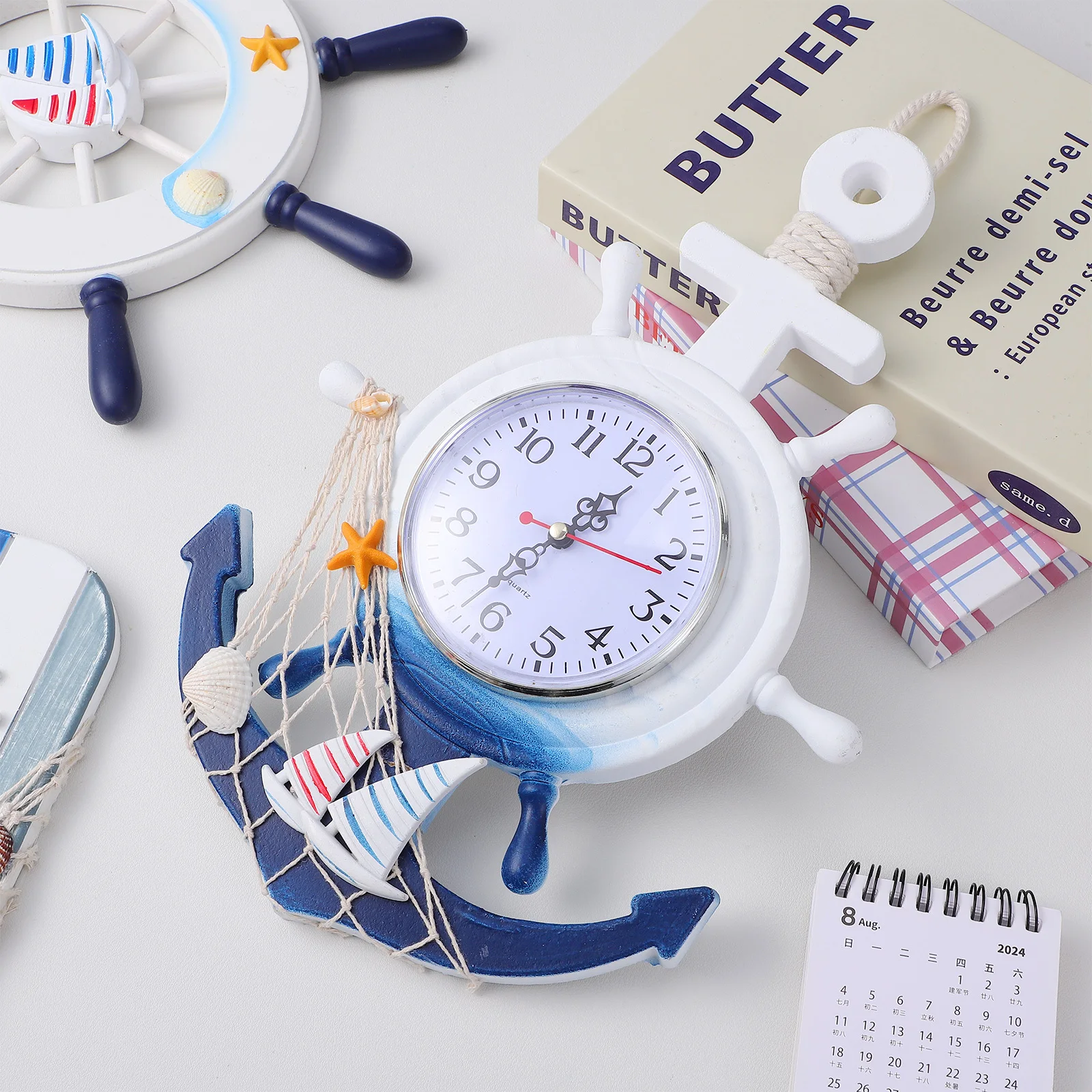 Barco âncora relógio de parede de madeira plástico veleiro design pendurado relógio para sala estar quarto decoração estilo mediterrâneo