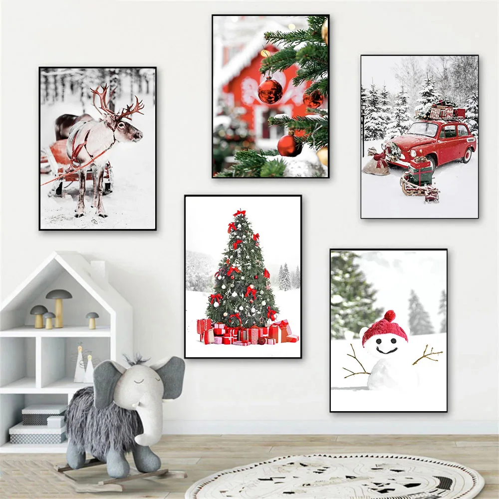 

Snow Scenery Picture Canvas Painting Wall Art Snow Red Car Pine Christmas Tree Deer Gift Poster and Print Living Room Home Decor