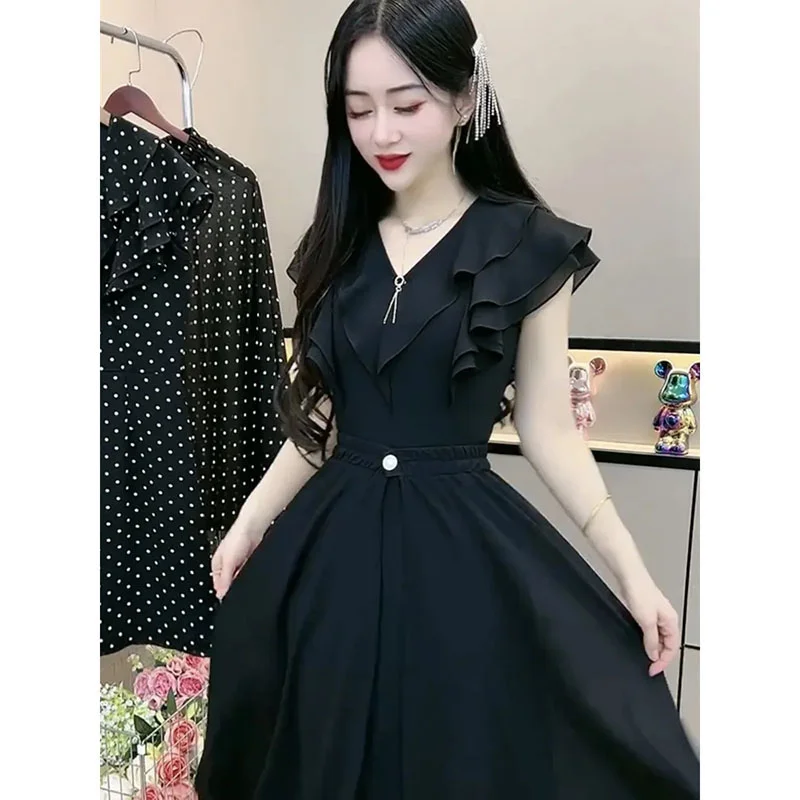 Fashion Dress Set Women's 2024 Summer New Polka Dot Style Sweet and Slim Ruffle Dress+Apron Two Piece Set Black V-Neck Dress Lad