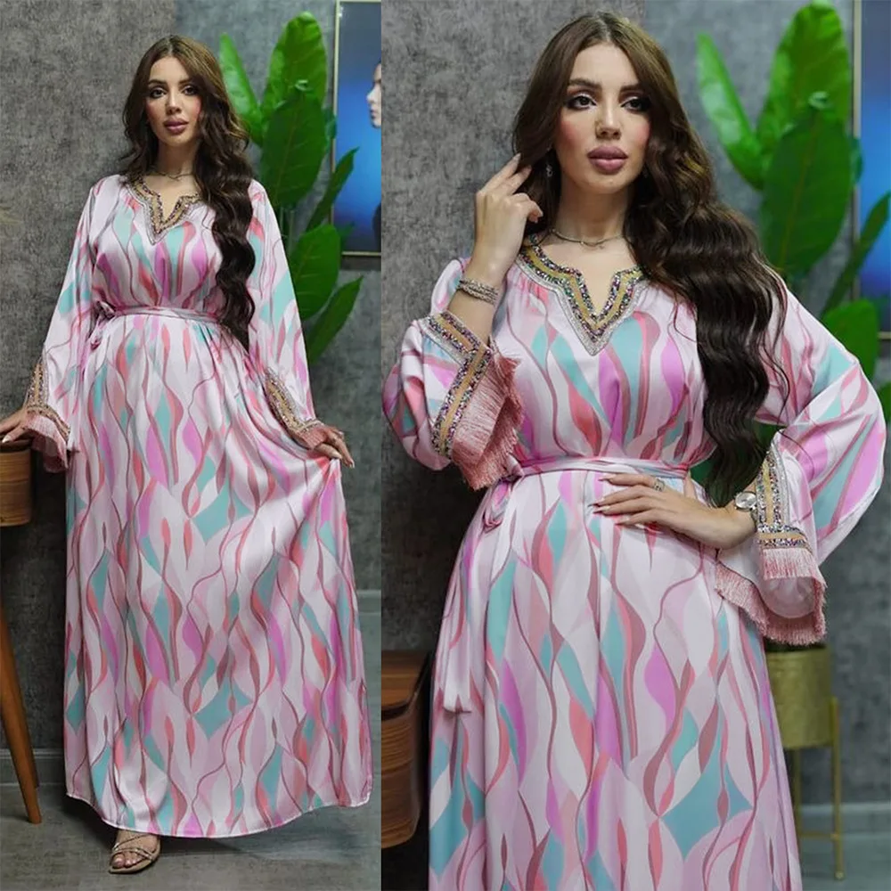 

2023 Abaya Luxury For Muslim Women Diamond V-Neck Long Dresses Elegant Dubai Casual Floral Print Maxi Dress Wear Ramadan Vestido