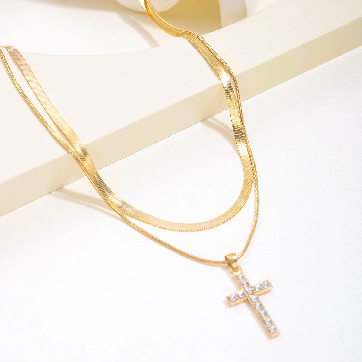 Fashion Zircon Cross Pendant Necklace For Women Gold Color Korean Exquisite Double Layer Neckalces 2024 Trend Jewelry Gifts