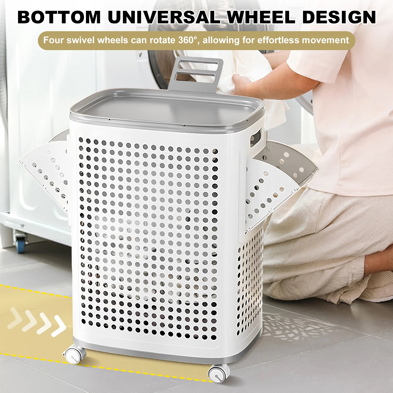 Upgrade Dirty Clothes Laundry Sorting Basket W/ Wheels & Lid Hollow Out Laundry Hamper Bathroom Organizer Storage Pouch for Home