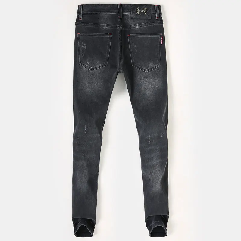 High Street Fashion Men Jeans Retro Black Gray Elastic Stretch Skinny Ripped Jeans Men Red Plaid Patched Designer Hip Hop Pants