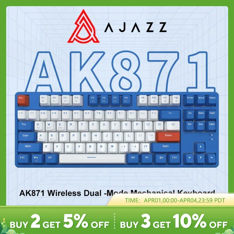Ajazz 무선 게이밍 기계식 키보드, 핫 스왑 가능 블루투스 키보드, 게임 노트북 PC용 PBT 키캡, Ak871, 2.4G, 87 키 