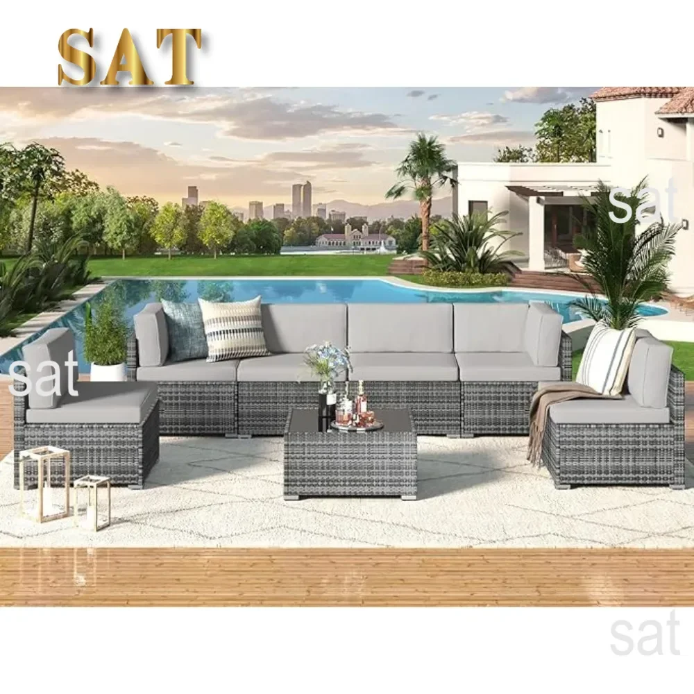 7-piece patio furniture set modular wicker outdoor sectional sofa PE rattan outdoor set with pillowtop cushions and coffee table