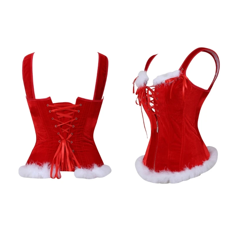 

MXMB Womens Sexy Santa Corset Bustier Lingeries Red Plush Trim Overbust Corsets Tops